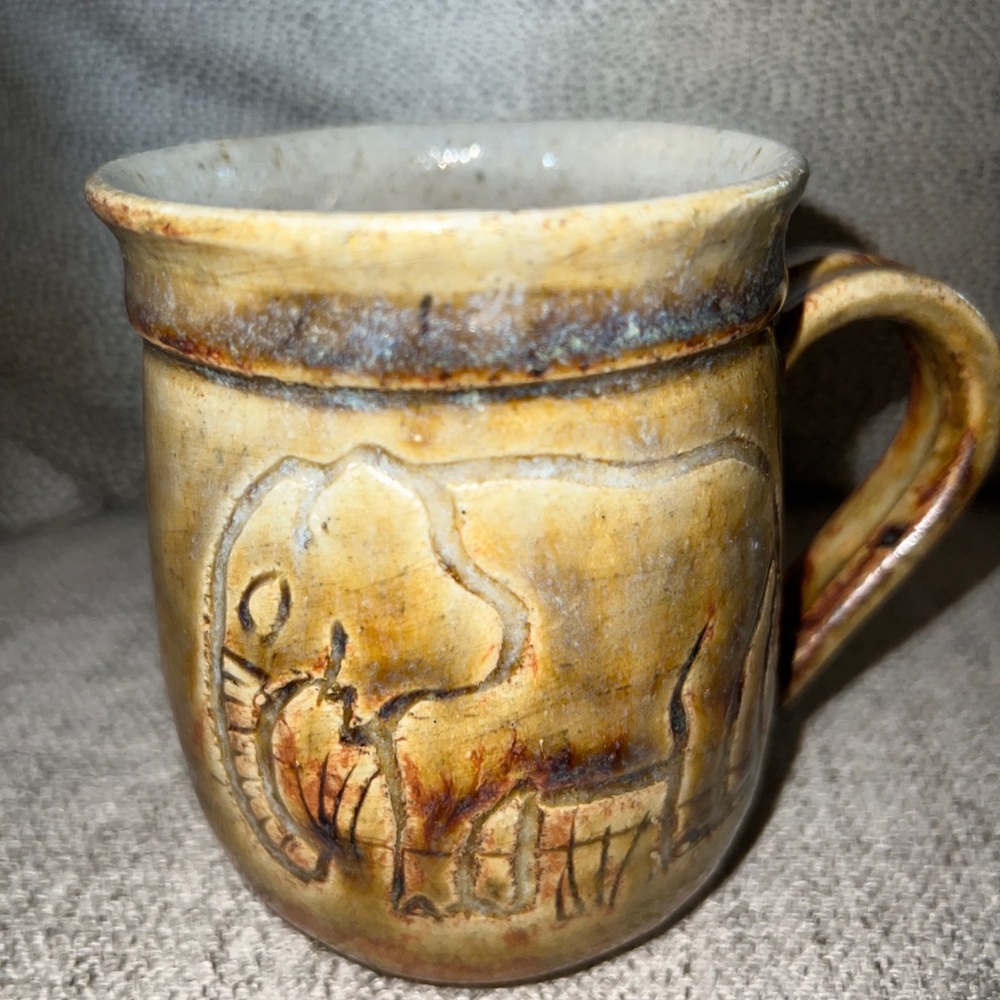 Pottery Mug Brown Drip Glaze Engraved Elephant 4” Tall 3” Width